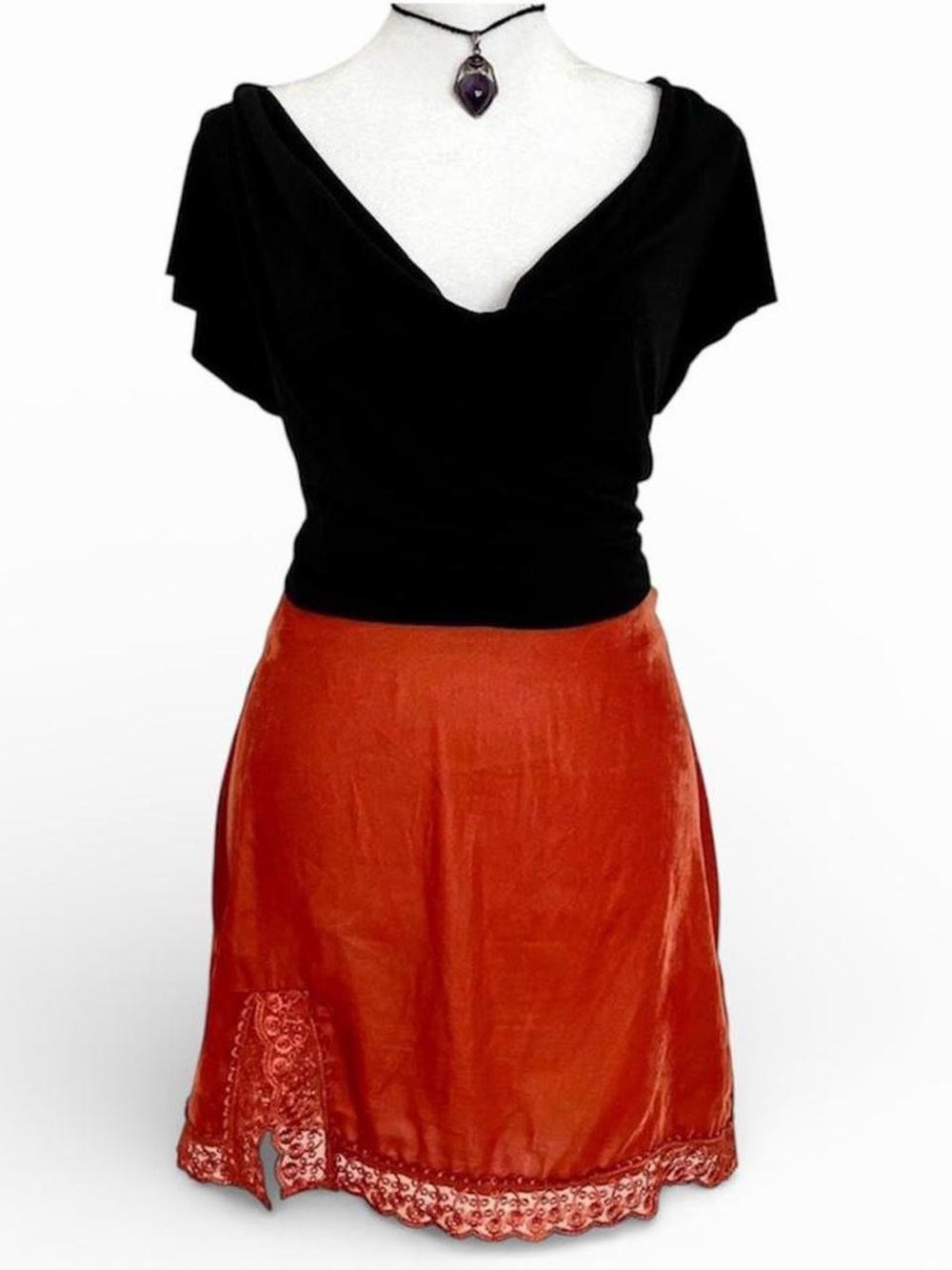 Urban Outfitters Lucy Velvet Lace Trim Mini Slip Skirt Orange Fall Whimsygoth S